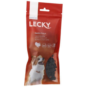 Eine rote Tüte Lecky Gastro Happs Hundeleckerlis mit einem lächelnden Hund auf der Vorderseite, mit Text, der 87% Fleisch und Schweizer Qualität hervorhebt.