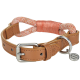 Tan leather dog collar with woven orange-white rope grip, coral cord wrap, metal buckle, D-ring and round tag