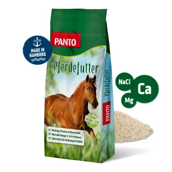 PANTO Pferdefutter Tasche mit einem braunen Pferd, mit Text, der Vitamine, Mineralien und Omega-3-Fettsäuren hervorhebt.