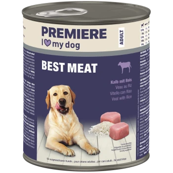 Puszka karmy dla dorosłych psów PREMIERE 'I ♥ my dog' z napisem 'BEST MEAT', cielęcina z ryżem, przedstawia labradora, ryż i kostki mięsa.