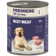 Blechdose PREMIERE 'I ♥ mein Hund' Erwachsenenhundefutter mit der Aufschrift 'BESTES FLEISCH', Kalb mit Reis, zeigt einen Labrador, Reis und Fleischwürfel.