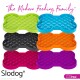 Bunte, knochenförmige Slodog LickiMat Futtermatten für Haustiere mit strukturierten Oberflächen, Text „The Modern Feeding Family“ und Logo.