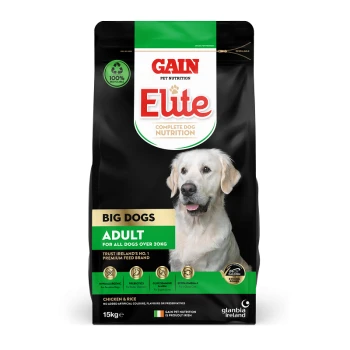 15kg bag of Gain Elite Complete Dog Nutrition for Big Dogs, featuring a golden retriever and labeled "Adult" and "Chicken & Rice."