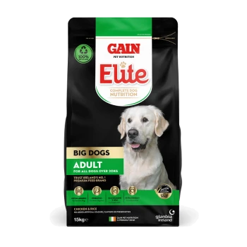 15kg bag of Gain Elite Complete Dog Nutrition for Big Dogs, featuring a golden retriever and labeled "Adult" and "Chicken & Rice."