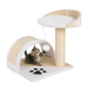 Katzenbaum mit einem gemütlichen Platz, einem Kratzbaum und einem hängenden Pom-Pom-Spielzeug, mit einem Pfotenabdruckdesign an der Basis.
