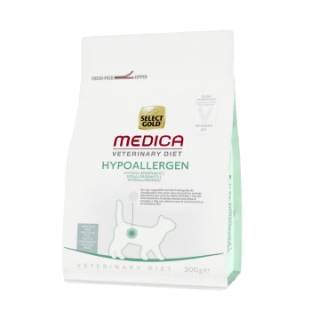 Emballage de nourriture pour chats hypoallergénique Select Gold Medica Veterinary Diet, 300g, avec une silhouette de chien et une fermeture éclair fresh-pack.