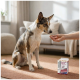 Hund auf Teppich nimmt ein Leckerli aus einer Hand; Nahrungsergänzungsschachtel mit der Aufschrift 'GELENK POWER TABLETTEN' in der Nähe.