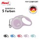 Eine lila flexi ausziehbare Hundeleine mit der Aufschrift "NEUER KOMFORT", erhältlich in 5 Farben, mit einem Logo, das "ORIGINAL flexi® QUALITÄT MADE IN GERMANY" anzeigt.