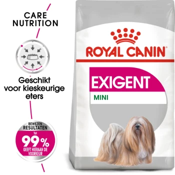 Royal Canin Exigent Mini hondenvoerzak met een illustratie van een langharige hond, met tekst die aangeeft dat het geschikt is voor kieskeurige eters.