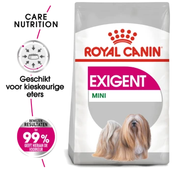 Royal Canin Exigent Mini hondenvoerzak met een illustratie van een langharige hond, met tekst die aangeeft dat het geschikt is voor kieskeurige eters.