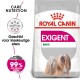 Royal Canin Exigent Mini hondenvoerzak met een illustratie van een langharige hond, met tekst die aangeeft dat het geschikt is voor kieskeurige eters.