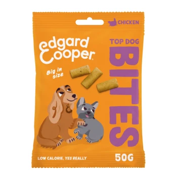 Edgard Cooper Top Dog Bites dog treats packaging featuring a cartoon dachshund and a cartoon French bulldog, with three treats visible.