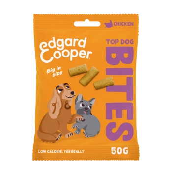Edgard Cooper Top Dog Bites Hundeleckerlipackung mit einem Cartoon-Dackel und einem Cartoon-Französischen Bulldoggen, mit drei sichtbaren Leckerlis.
