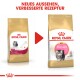 Bild, das zwei Säcke Royal Canin Persian Kittenfutter zeigt, mit einem roten Pfeil, der auf ein neues Design und eine verbesserte Rezeptur hinweist.