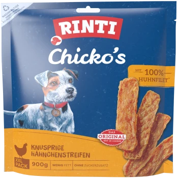 Pochette de friandises pour chiens RINTI Chicko's avec illustration de chien et lanières de poulet ; texte visible '100% Huhnfilet'.