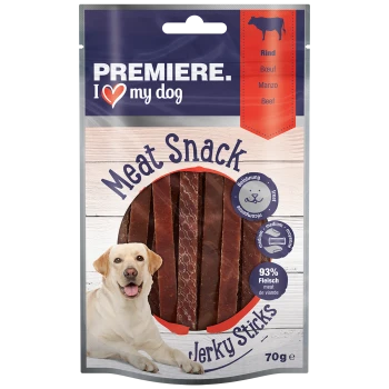 Premiere I Love My Dog Fleischsnack Jerky-Sticks, 70 g Packung mit Rindfleisch-Jerky-Streifen, 93% Fleischgehalt und einer Hundillustration.