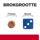 Afbeelding die de grootte van een hondenvoerbrokje (7,5 mm) vergelijkt met een blauwe dobbelsteen (16 mm), met de tekst "BROKGROOTTE" erboven.