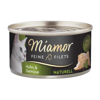 Dosen Katzenfutter mit der Aufschrift 'Miamor Feine Filets', das eine weiße Katze auf der Vorderseite zeigt, mit den Texten 'Huhn & Gemüse' und '100% Filet'.
