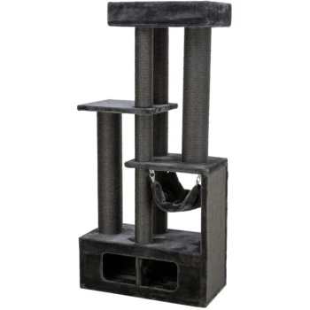 Schwarzer Katzenbaum mit mehreren Ebenen, Kratzpfosten und einer hängenden Hängematte für Haustiere.