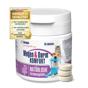 Behälter von GIGI Magen & Darm Komfort, ein natürliches Verdauungshilfsmittel für Haustiere, mit einem Hund und einer Katze auf dem Etikett neben Heidelbeeren und Granatapfel.