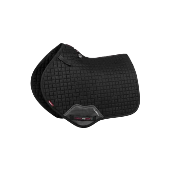 Schwarzes, gestepptes Sattelpad mit einer strukturierten Oberfläche, mit einem Logo und Branding von LeMieux.