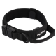 Schwarzes Haustierhalsband mit verstellbarem Riemen, mit einer Kunststoffschnalle und einem Metall-D-Ring, beschriftet "Petrec."