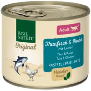 Dosenfutter für Haustiere mit der Aufschrift "Real Nature Original", das Thunfisch und Hähnchen mit Leinsamenöl enthält, geeignet für erwachsene Katzen.