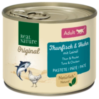 Dosenfutter für Haustiere mit der Aufschrift "Real Nature Original", das Thunfisch und Hähnchen mit Leinsamenöl enthält, geeignet für erwachsene Katzen.