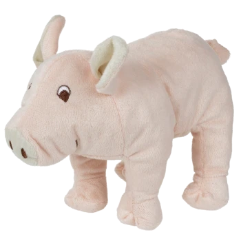 Ein weiches, plüschiges Schweinchen-Spielzeug mit einem hellrosa Körper, kleinen Ohren und einem lächelnden Gesicht, perfekt für Haustiere zum Spielen.