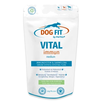 DOG FIT VITAL immun mittelgroßer Nahrungsergänzungsbeutel für Hunde — "Immunsystem & Darmflora", zu 100 % frei von Zusatzstoffen