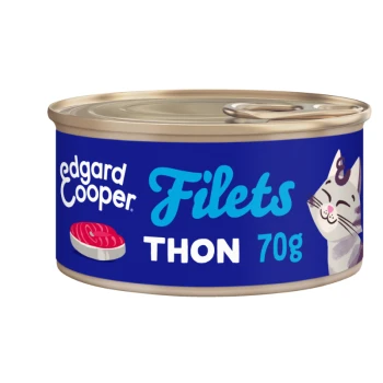 Boîte de nourriture pour chat Edgard Cooper avec des filets de thon, 70g, avec une étiquette bleue et une illustration de chat souriant.