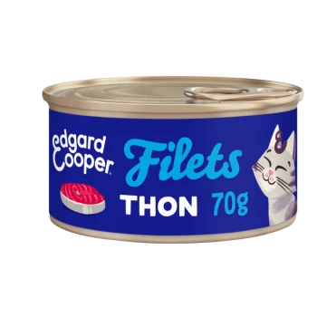Boîte de nourriture pour chat Edgard Cooper avec des filets de thon, 70g, avec une étiquette bleue et une illustration de chat souriant.