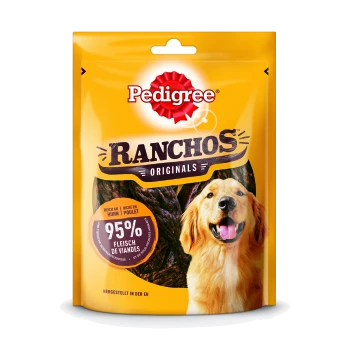 Verpackung von Pedigree Ranchos Originals Hundeleckerlis mit einem lächelnden Golden Retriever und auffälligen Etiketten: "95% Fleisch de Viandes" und "Reich an Huhn."