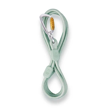 Führleine Rope Thin Eine mintgrüne Hundeleine mit einem silbernen Karabiner und zwei Gummigriffen, die mit "WOOLLY WOLF" beschriftet sind.