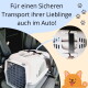 Transportbox im Auto angeschnallt, Nahaufnahme des Gurts; Text: 'Für einen sicheren Transport Ihrer Lieblinge auch im Auto!'