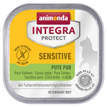 Eine silberne Dose Animonda Integra Protect Sensitive Hundefutter, beschriftet mit "Keine Körner" und "Reines Truthahnfleisch," fördert die Harnwegsgesundheit.