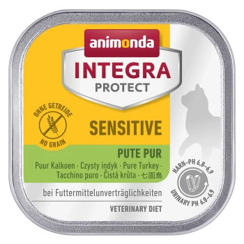 Eine silberne Dose Animonda Integra Protect Sensitive Hundefutter, beschriftet mit "Keine Körner" und "Reines Truthahnfleisch," fördert die Harnwegsgesundheit.