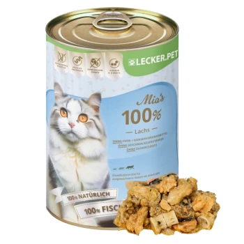 Dose Katzenfutter mit dem Etikett "Mia's 100% Lachs", das eine grau-weiße Katze auf der Vorderseite zeigt, mit einer Portion Futter daneben.