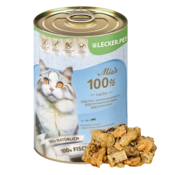 Dose Katzenfutter mit dem Etikett "Mia's 100% Lachs", das eine grau-weiße Katze auf der Vorderseite zeigt, mit einer Portion Futter daneben.