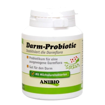 Behälter von 'Darm-Probiotikum' von Anibio, das die Gesundheit des Verdauungssystems von Haustieren fördert, mit Text, der Vorteile und Zutaten hervorhebt.
