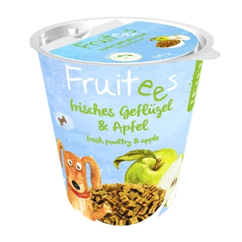 Tasse mit Haustierfutter beschriftet "Fruit ees frisches Geflügel & Apfel" mit frischem Geflügel und Apfel, mit einer Cartoon-Hund-Illustration.
