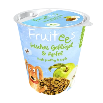 Tasse mit Haustierfutter beschriftet "Fruit ees frisches Geflügel & Apfel" mit frischem Geflügel und Apfel, mit einer Cartoon-Hund-Illustration.