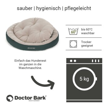 Hundebett von Doctor Bark, mit einem plüschigen Design, waschbar bis 60°C, trocknergeeignet, mit Anweisungen für die Maschinenwäsche.
