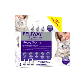 Optimum 3 x 48 Nachfüllflakon Vorteilspack FELIWAY Optimum Happy Family Economy Pack, mit drei Nachfüllfläschchen zur Stressreduzierung bei Katzen, mit einem Katzenbild und Produktdetails.