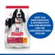 Hundefutterbeutel mit einem schwarz-weißen Hund, beschriftet mit "Hill's Science Plan", mit Text, der die Unterstützung der Energie und die Vorteile für das Immunsystem hervorhebt.
