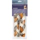 Chewy braid dog treat made with fish skin and beef rawhide, packaged with the label "Premiere Chew It" and "Kauzopf."