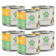 Sechs Dosen Fellicita Katzenfutter, grünes Pfoten-Logo und Katzenbild, sichtbarer Text 'Huhn & Käse' und 'Fellicita'.