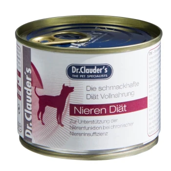 Eine Dose Dr. Clauder's Hundefutter mit der Aufschrift "Nieren Diät," entwickelt zur Unterstützung der Nieren bei Hunden mit chronischer Niereninsuffizienz.