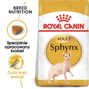 Torba z karmą dla kotów Royal Canin Sphynx Adult z ilustracją kota Sphynx, z tekstem podkreślającym odżywianie rasy i zawartość energii.