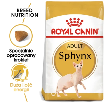 Torba z karmą dla kotów Royal Canin Sphynx Adult z ilustracją kota Sphynx, z tekstem podkreślającym odżywianie rasy i zawartość energii.